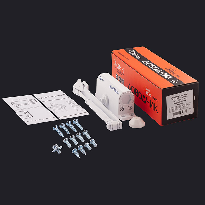 Комплектация и упаковка Доводчик дверной с фиксацией 510F URBOnization цвет Белый Нора-М