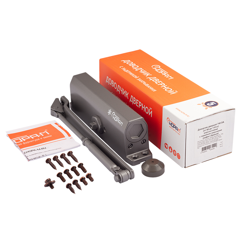 Комплектация и упаковка Доводчик дверной с задержкой закрывания 740 DA от 60 до 110 кг цвет Графит Нора-М