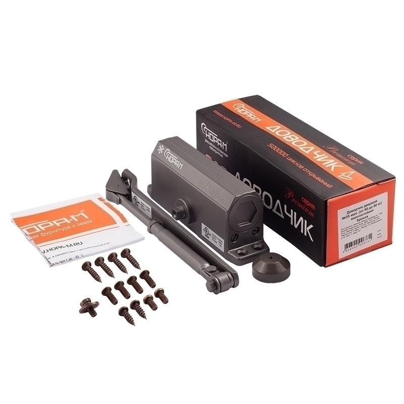 Комплектация и упаковка Доводчик дверной 3S мал. цвет Графит (бронза) Нора-М