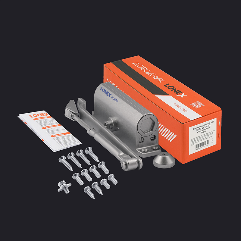 Комплектация и упаковка Доводчик дверной 330 LONEX от 50 до 120 кг цвет Серый Нора-М
