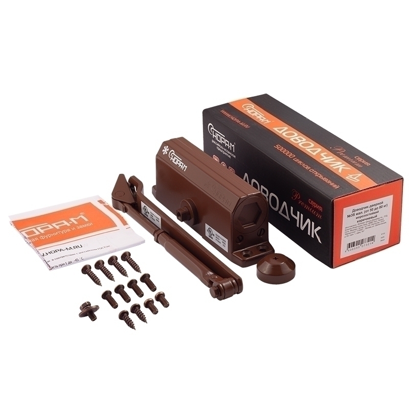 Комплектация и упаковка Доводчик дверной 3S мал. цвет Коричневый Нора-М