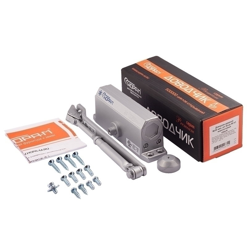 Комплектация и упаковка Доводчик дверной 3S мал. цвет Серый Нора-М