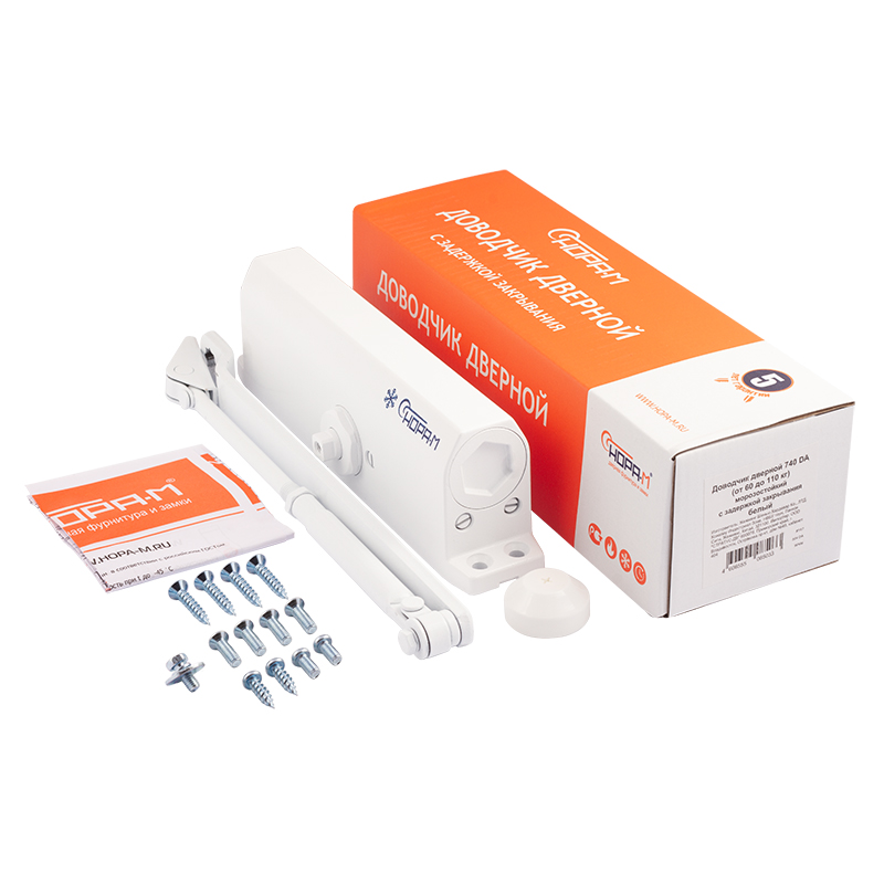 Комплектация и упаковка Доводчик дверной с задержкой закрывания 740 DA от 60 до 110 кг цвет Белый Нора-М