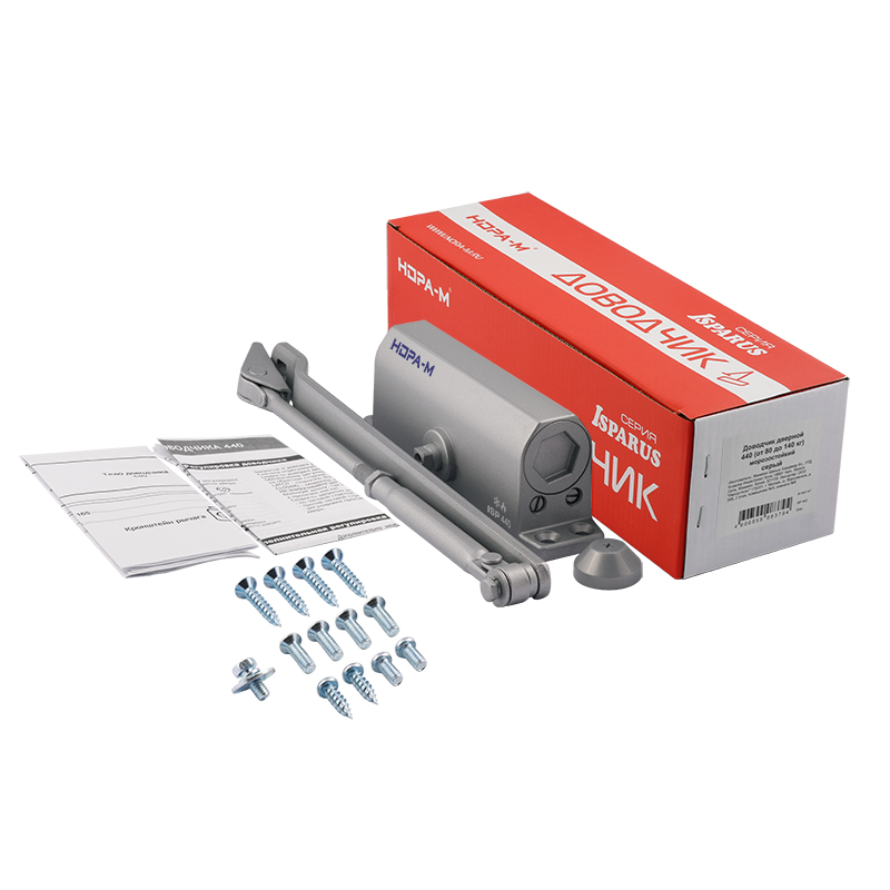 Комплектация и упаковка Доводчик дверной 440 ISPARUS цвет Серый Нора-М