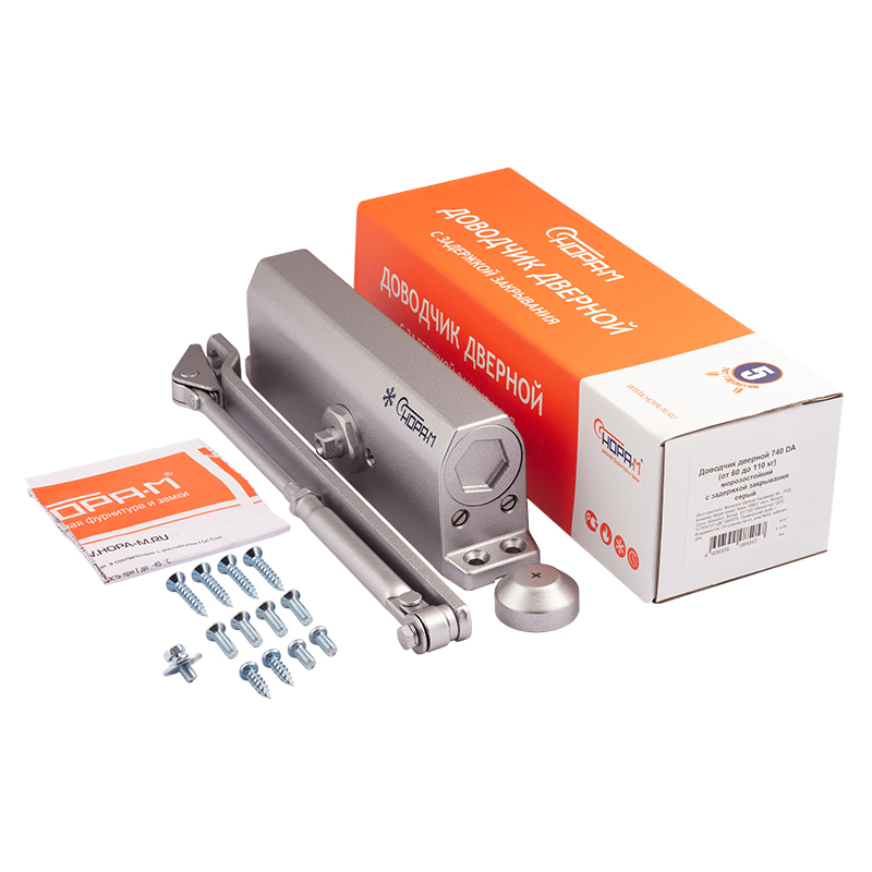 Комплектация и упаковка Доводчик дверной с задержкой закрывания 740 DA от 60 до 110 кг цвет Серый Нора-М
