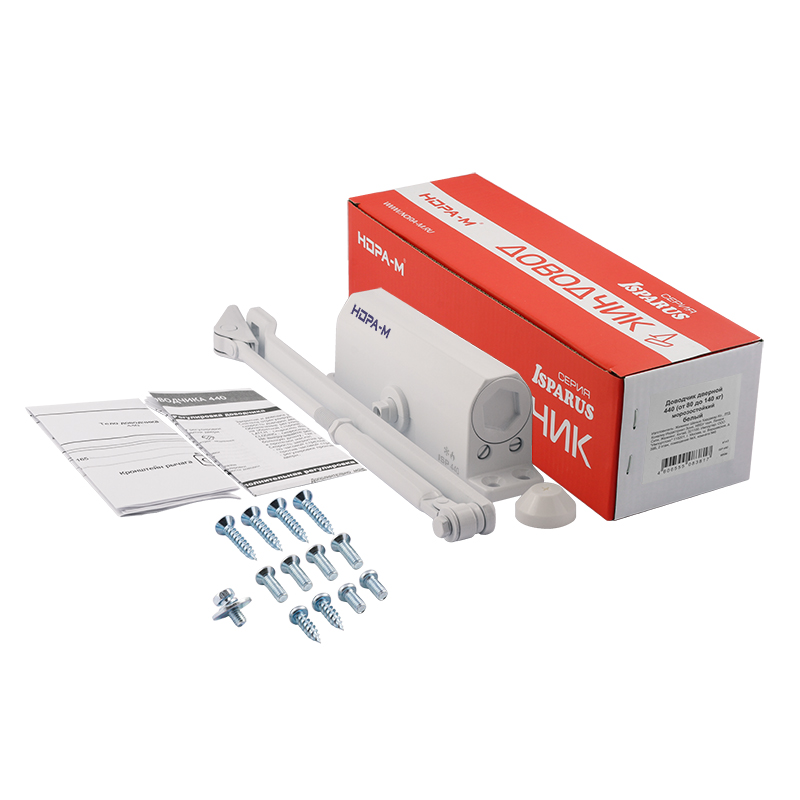 Комплектация и упаковка Доводчик дверной 440 ISPARUS цвет Белый Нора-М