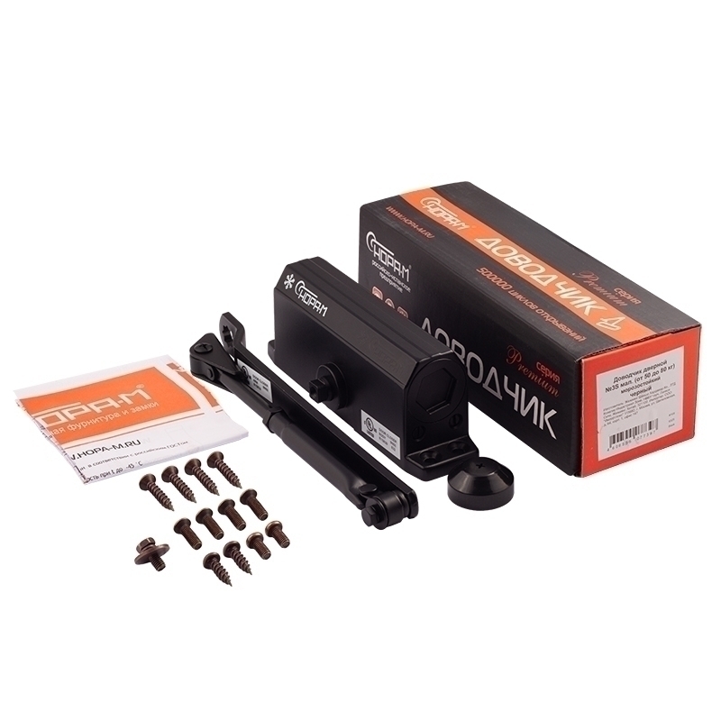 Комплектация и упаковка Доводчик дверной 3S мал. цвет Черный Нора-М