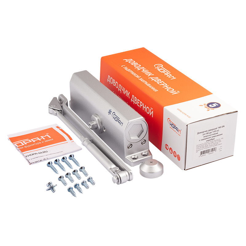 Комплектация и упаковка Доводчик дверной с задержкой закрывания 740 DA от 60 до 110 кг цвет Серебро Нора-М