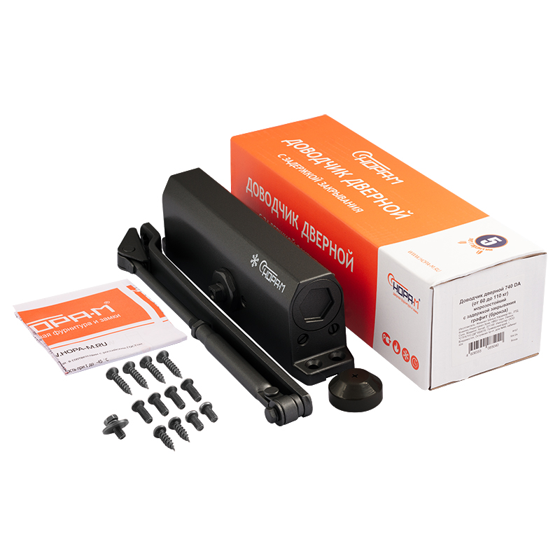 Комплектация и упаковка Доводчик дверной с задержкой закрывания 740 DA от 60 до 110 кг цвет Черный Нора-М